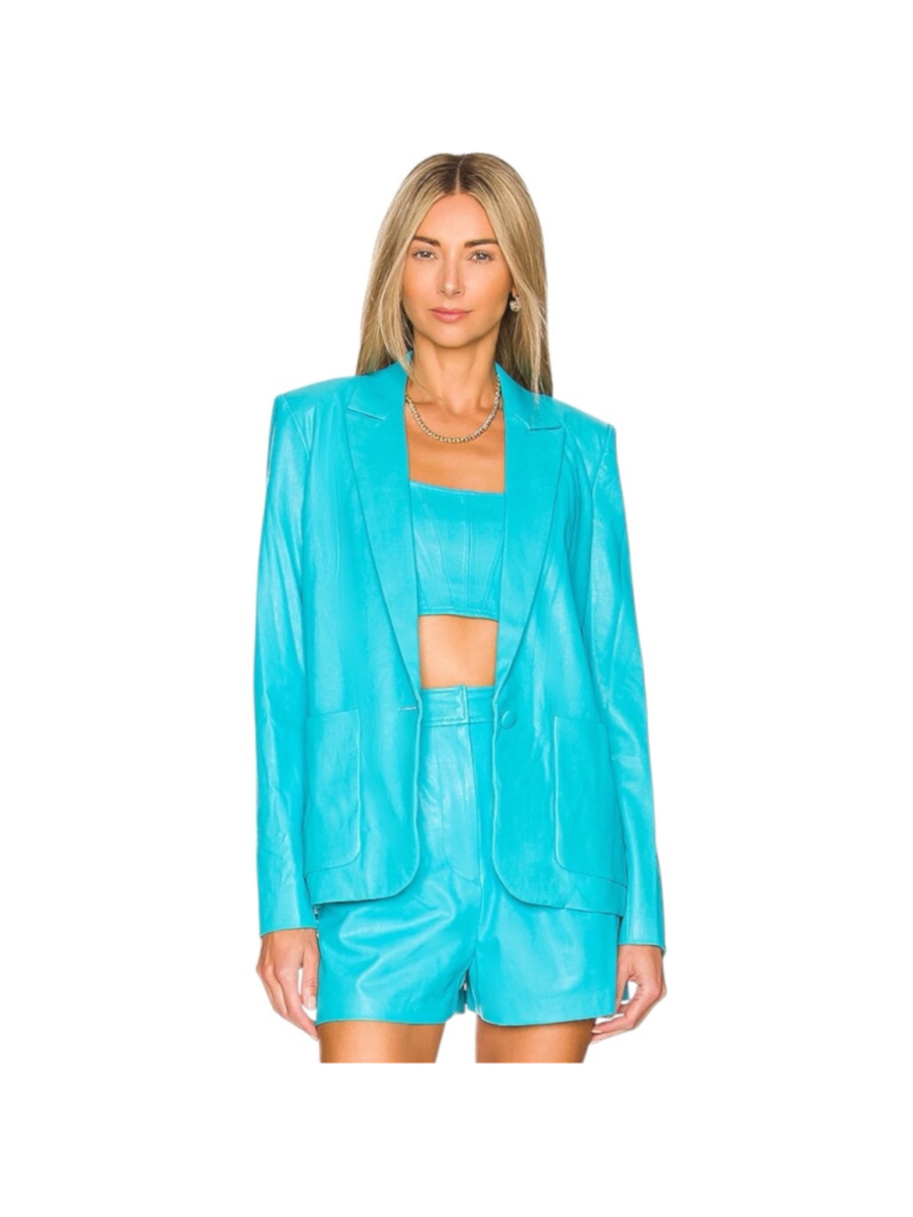AMANDA UPRICHARD Revolve Faux Leather Wallace Blazer Aqua Marina Blue Size XS
